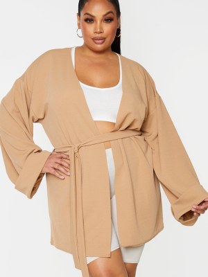 Plus Camel Belted Oversized Sleeve Blazer