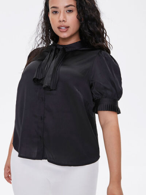 Plus Size Satin Bow-neck Top