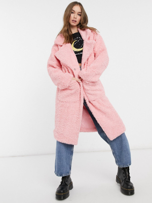 Daisy Street Oversized Longline Coat In Teddy Fleece