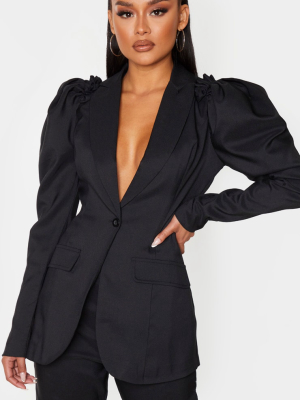 Black Woven Puff Sleeve Fitted Blazer