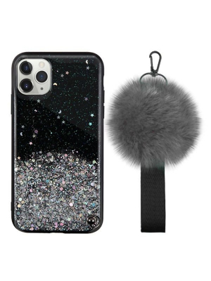 Mybat Pomzie Hybrid W/pom-pom Wrist Strap Silver Star Hard Plastic Tpu Cover Case For Apple Iphone 11 Pro, Black