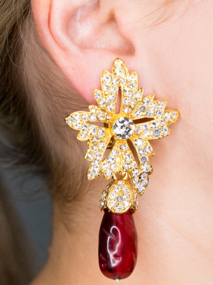 Gold Crystal Flower Top Ruby Teardrop Clip Earrings