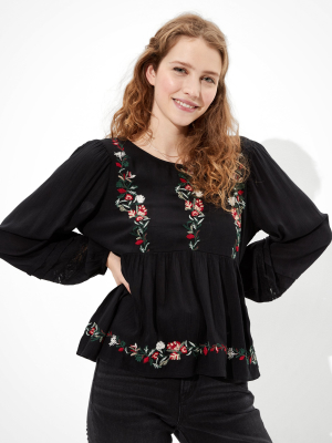 Ae Embroidered Babydoll Top