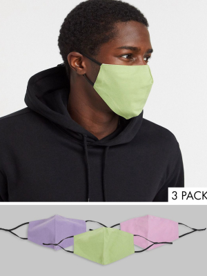 Asos Design Unisex 3 Pack Face Coverings With Adjustable Straps And Nose Clip In Pastel Colors