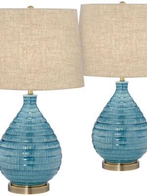 360 Lighting Modern Table Lamps Set Of 2 Coastal Ceramic Sky Blue Glaze Linen Fabric Drum Shade For Living Room Family Bedroom