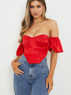 Red Satin Short Puff Sleeve Bardot Crop Top