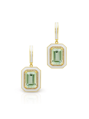 14kt Yellow Gold Green Amethyst Enamel Diamond Deco Earrings