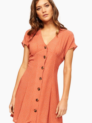 Kindred Button Front Mini Dress - Red & White Polka Dots Print