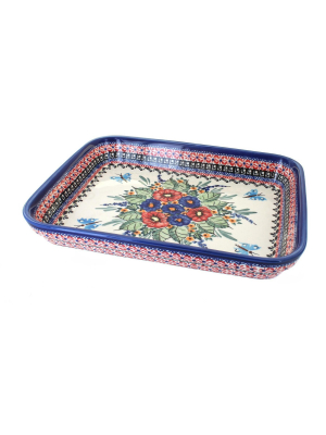 Blue Rose Polish Pottery Floral Butterfly Large Rectangular Baker