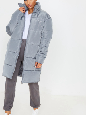 Grey Slogan Midi Oversized Puffer Coat