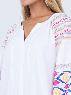 Ashley Embroidered Long Sleeve Mini Dress - Resort White Rainbow Bohemian Print