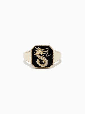 Effy Novelty 14k Yellow Gold Onyx And Diamond Dragon Signet Ring, 1.91 Tcw