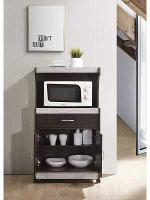 Hodedah Wheeled Kitchen Island Microwave Cart With Pull-out Drawer And Cabinet Storage, Chocolate Grey