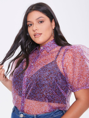 Plus Size Floral Print Puff Sleeve Shirt