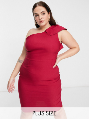 Vesper Plus One Shoulder Cap Sleeve Pencil Dress In Deep Raspberry