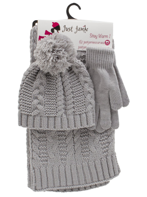 3 Pieces Solid Jersey Cable Knit Hat, Glove, Scarf Set