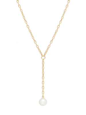 14k Small Oval Link Lariat With Pearl Drop