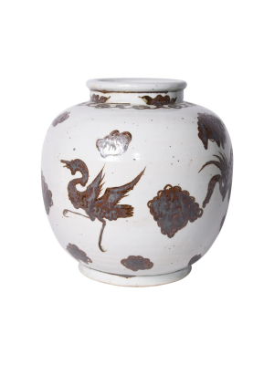 Rusty Brown Open Top Jar, Bird Motif