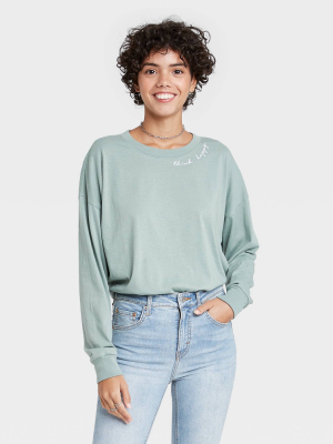 Women's Think Happy Embroidered Long Sleeve Graphic T-shirt - Green