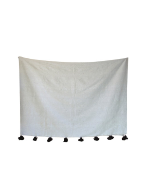 Moroccan Pom Pom Blanket, White With Brown Pom Pom