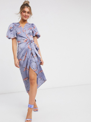 Never Fully Dressed Wrap Midaxi Dress With Belt In Blue Swallow Print