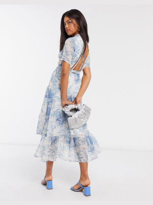 Hope & Ivy Open Back Midaxi Dress With Ruffle Hem In Blue Print