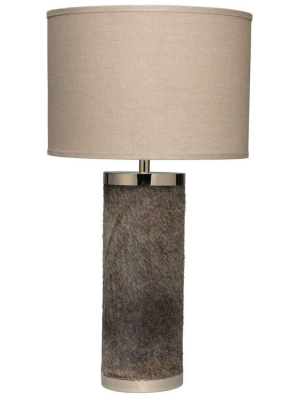 Column Table Lamp In Grey Hide With Classic Drum Shade In Natural Linen
