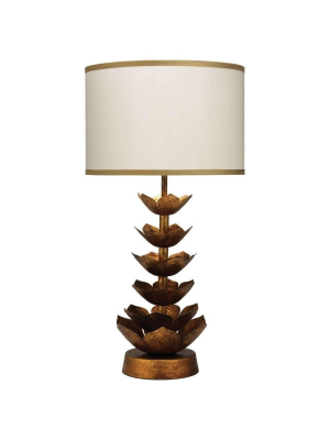 Flowering Lotus Table Lamp In Antique Gold With Medium Drum Shade In Cream Silk With Golden Beige Silk Trim