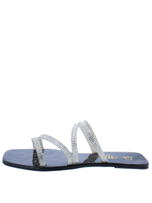 Daphny Black Rhinestone Strappy Open Toe Slide Sandal