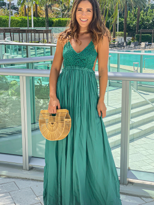 Hunter Green Maxi Dress With Open Back And Frayed Hem