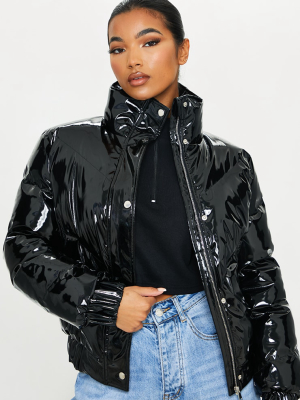 Black Vinyl Longline Panel Puffer Jacket