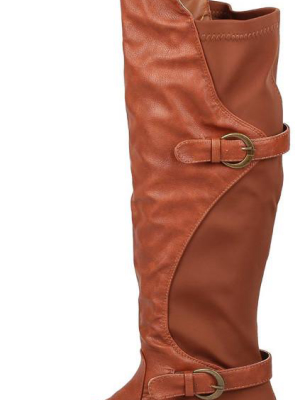 Cristy Cognac High-low Slight Stretch Dual Strap Knee High Boot