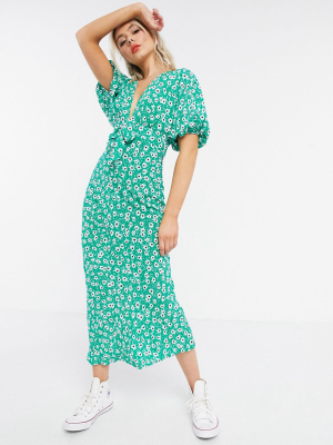 Asos Design Tie Front Midi Tea Dress In Green Based Floral Print