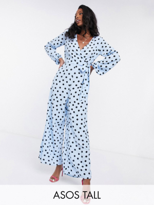 Asos Design Tall Wrap Tie Jumpsuit In Blue Polka Dot