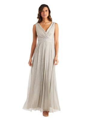 Long Crinkle Pleated Sleeveless Dress With Rhinestone Trim At Set In Waist