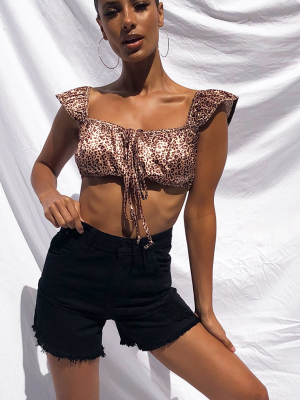 Tan Leopard Print Satin Bardot Tie Detail Crop Top