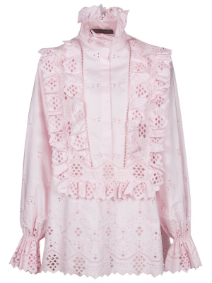 Alberta Ferretti Embroidered High Neck Ruffled Blouse