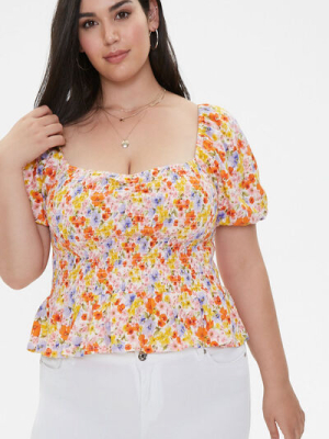 Plus Size Floral Flounce-hem Top