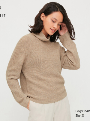 Women 3d Knit Lambswool-blend Turtleneck Sweater