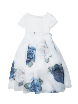 Monnalisa Floral Print Belted Flared Dress