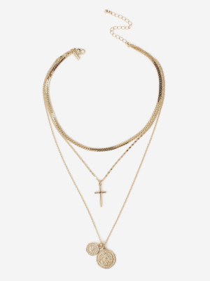 **coin And Cross Multi-row Necklace