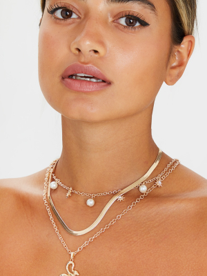 Gold Pearl And Snake Layering Necklace