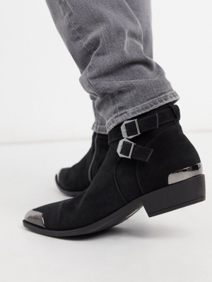 Asos Design Stacked Heel Western Chelsea Boots In Faux Black Suede With Buckle Detail