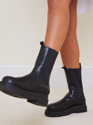 Black Pu Calf Length Chelsea Chunky Boots