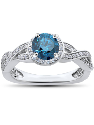 Pompeii3 3/4ct Pave Halo Blue Diamond Engagement Ring 14k White Gold