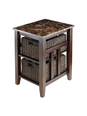 Zoey Side Table Faux Marble Top With Baskets Walnut/chocolate - Winsome