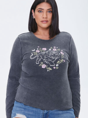 Plus Size Floral Tiger Graphic Top