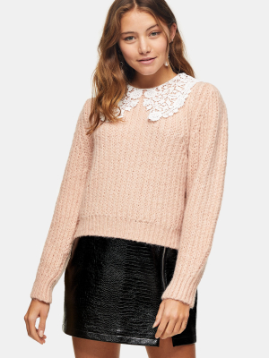 Pink Crochet Collar Sweater