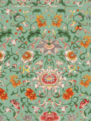 Chinese Floral Wallpaper In Green And Orange From The Eclectic Collection By Mind The Gap