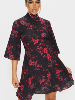 Pink Floral High Neck Cape Sleeve Skater Dress